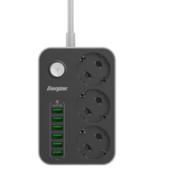 Listwa zasilająca z wyłącznikiem Energizer 3 gniazda, 6 gniazd USB-A 2500W 10A, 17W max